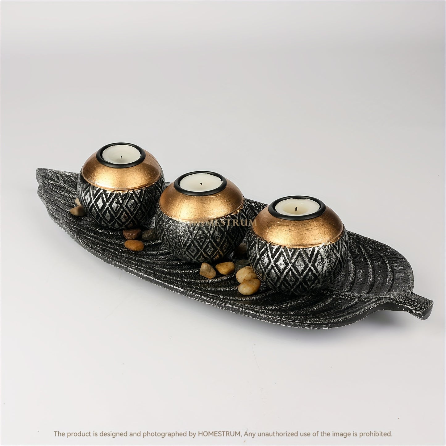 Leaf Harmony — Set de Portavelas de Madera con Bandeja y Esferas