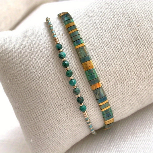 VerdeAura — Set de 2 Pulseras Bohemias con Cuentas de Vidrio y Piedras Semipreciosas