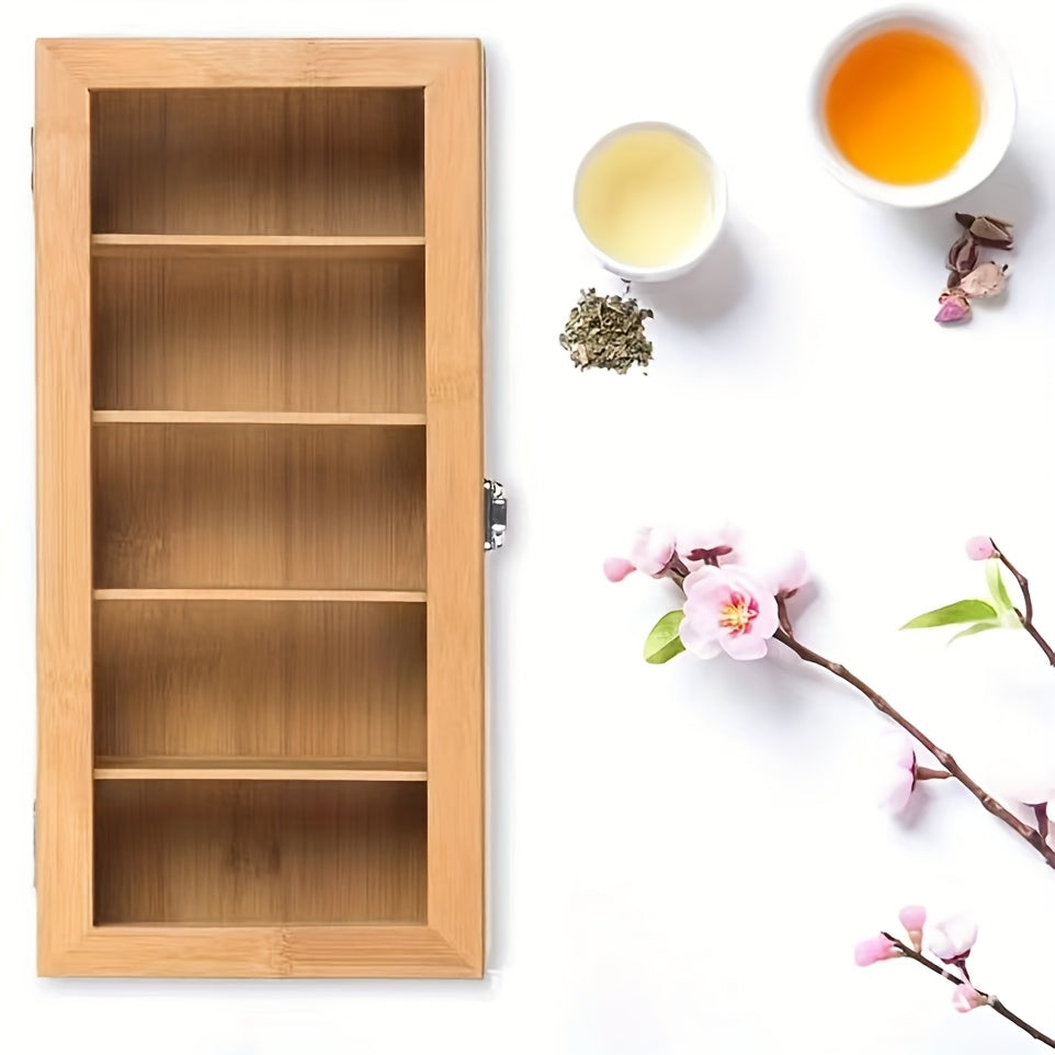 TeaView DW — Organizador de Bolsitas de Té en Bambú con Tapa de Vidrio (Multicompartimento, Acabado Natural, No Apto para Contacto con Alimentos)