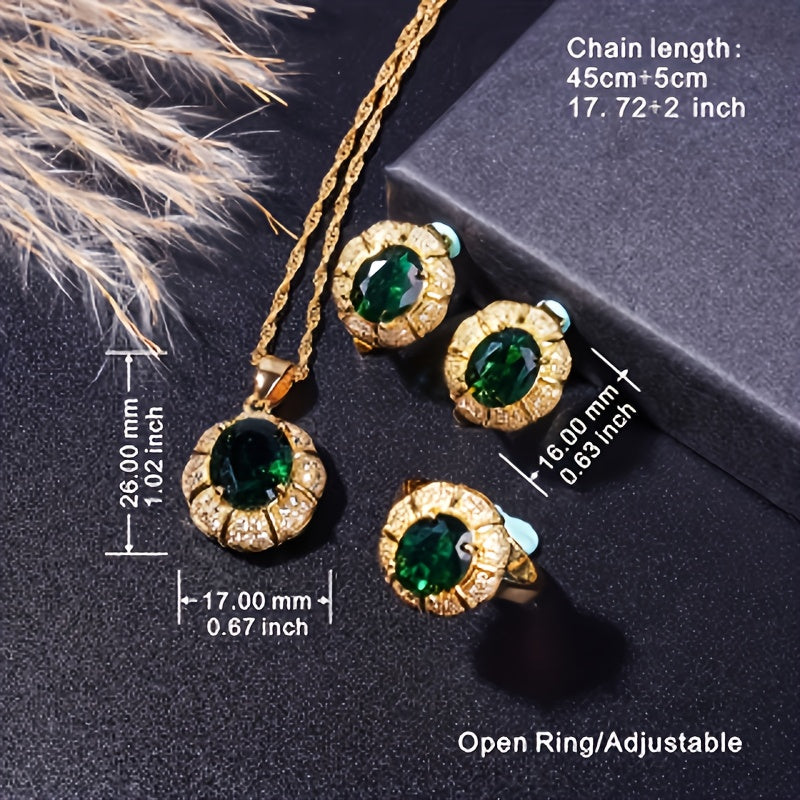 EmeraldLuxe 5 — Vintage Jewelry Set with Green Stone and Cubic Zirconia (5 Pieces)