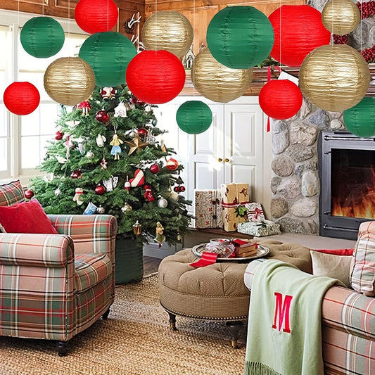 Festiluz JW — Set de 15 Faroles de Papel Navideños (Rojo, Verde Oscuro y Dorado)