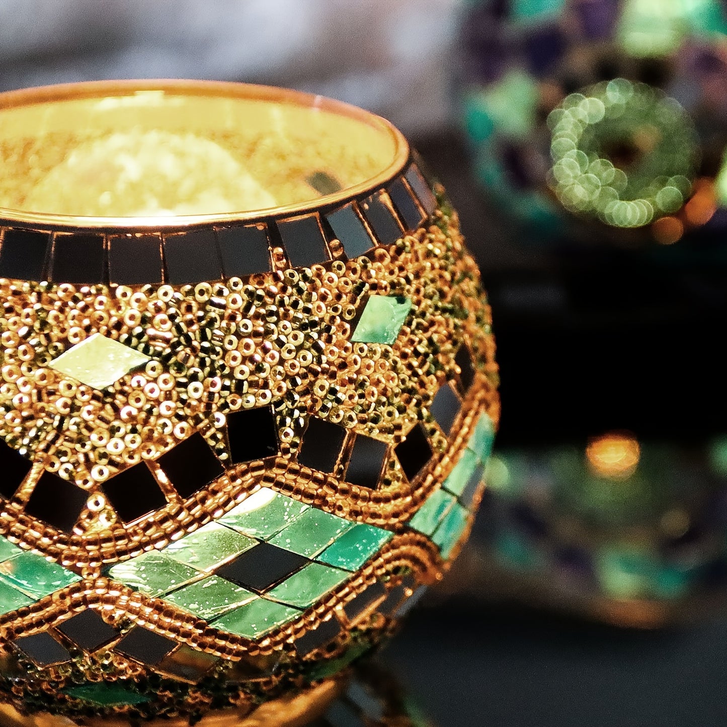 LuzMosaico VH — Set of 3 Turkish-Moroccan Handmade Candle Holders (Crystal with Lacquered Finish, Glam Style)