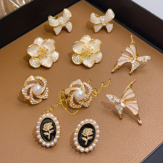 FleurLuxe — Set de 5 Pares de Aros Vintage con Incrustaciones de Vidrio y Detalles Franceses