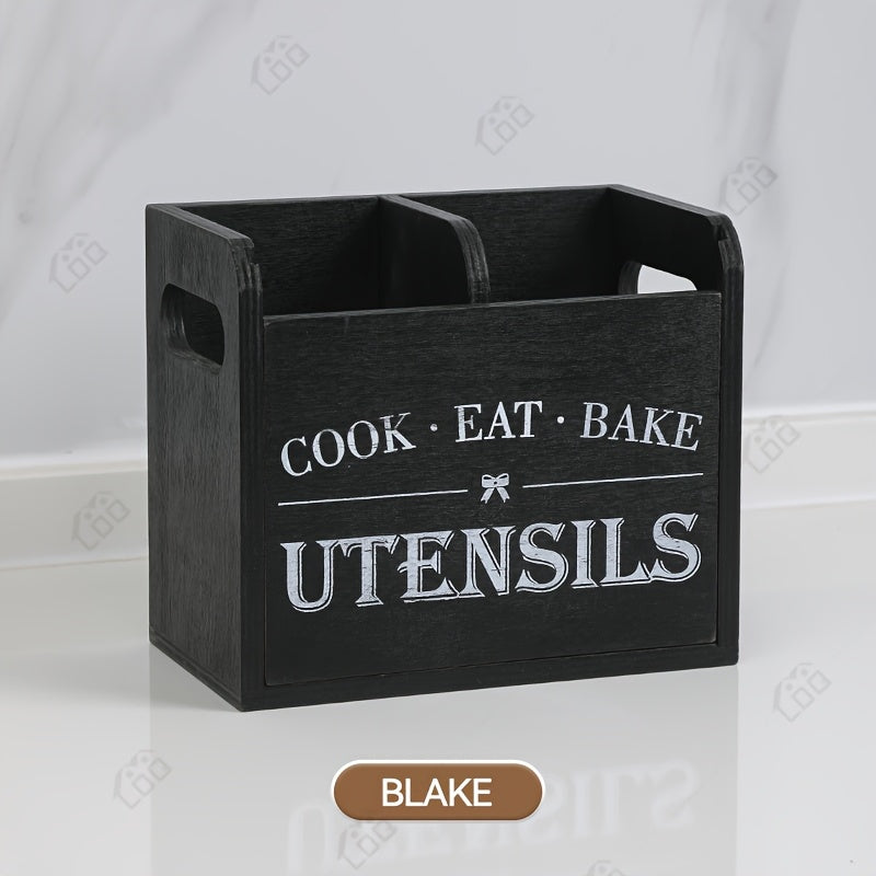 RustiBox LDQ — Organizador de Utensilios de Cocina de Madera con 3 Compartimentos (Montaje en Pared o Encimera, Acabado Barnizado)