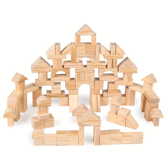 CastilloGeo FC — Set de 100 Bloques Geométricos de Madera Natural para Construcción de Torres y Castillos