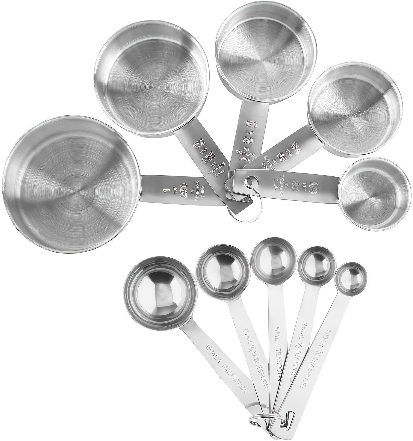 ChefMedida WN — Set de 10 Utensilios de Medición en Acero Inoxidable (5 Cucharas + 5 Tazas, Borde Enrollado, Apilables)