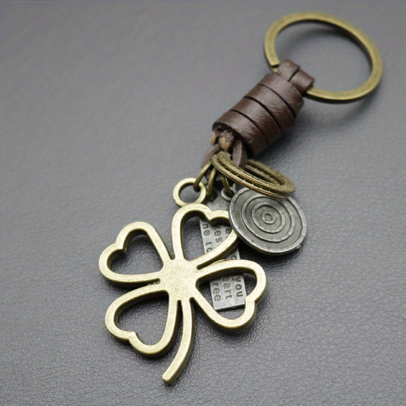 Men's Vintage Clover Keychain | Zinc Alloy with Heart Detail | Bronze Finish & Braided Faux Leather Strap | Casual Style | Durable Metal Charm for Keys and Accessories, Key Organization | Vintage Keychain | Spiral Metal Accen