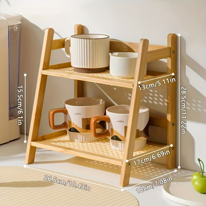 Double layer wooden cup storage rack, 26cm/10 inch artificial rattan mug organizer, suitable for kitchen and living room, compact desktop rack, can hold mugs, cups and small items, durable wooden material, space saving design
