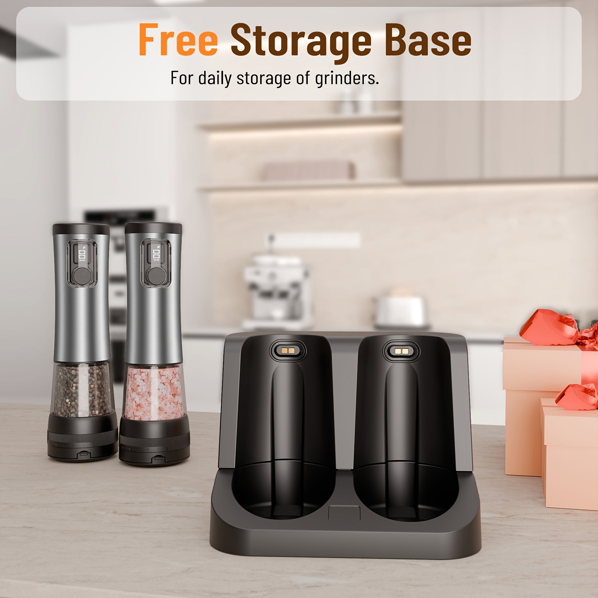 2pcs, Stainless Steel Electric Pepper Salt Grinder with LED Display, Combination Base and USB Charging, Roughness Adjustable, Large Capacity Pepper Salt Grinder, Suitable for Kitchen, Restaurant and Outdoor Use, Ideal Choice