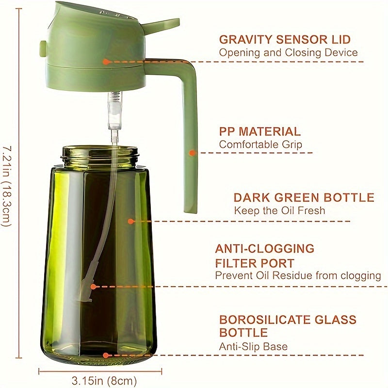 OliVerde EX — Dispensador de Aceite de Vidrio 2 en 1 con Tapa Automática (16oz, Color Verde Oliva, Etiquetas Incluidas)