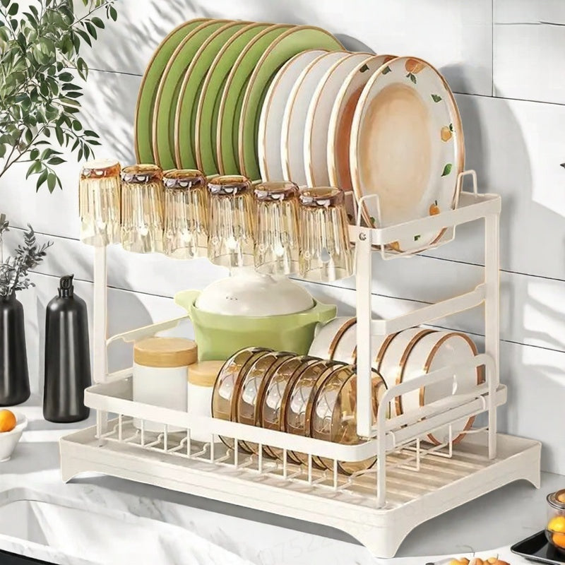 Heavy-Duty Carbon Steel Kitchen Dish Rack - Space-Saving Two-Tier Organizer with Drainage System, Compact Countertop Organizer for Plates, Bowls, Cups, Knives, Spoons - Ideal for Small Kitchens, Apartments, Restaurants - Easy