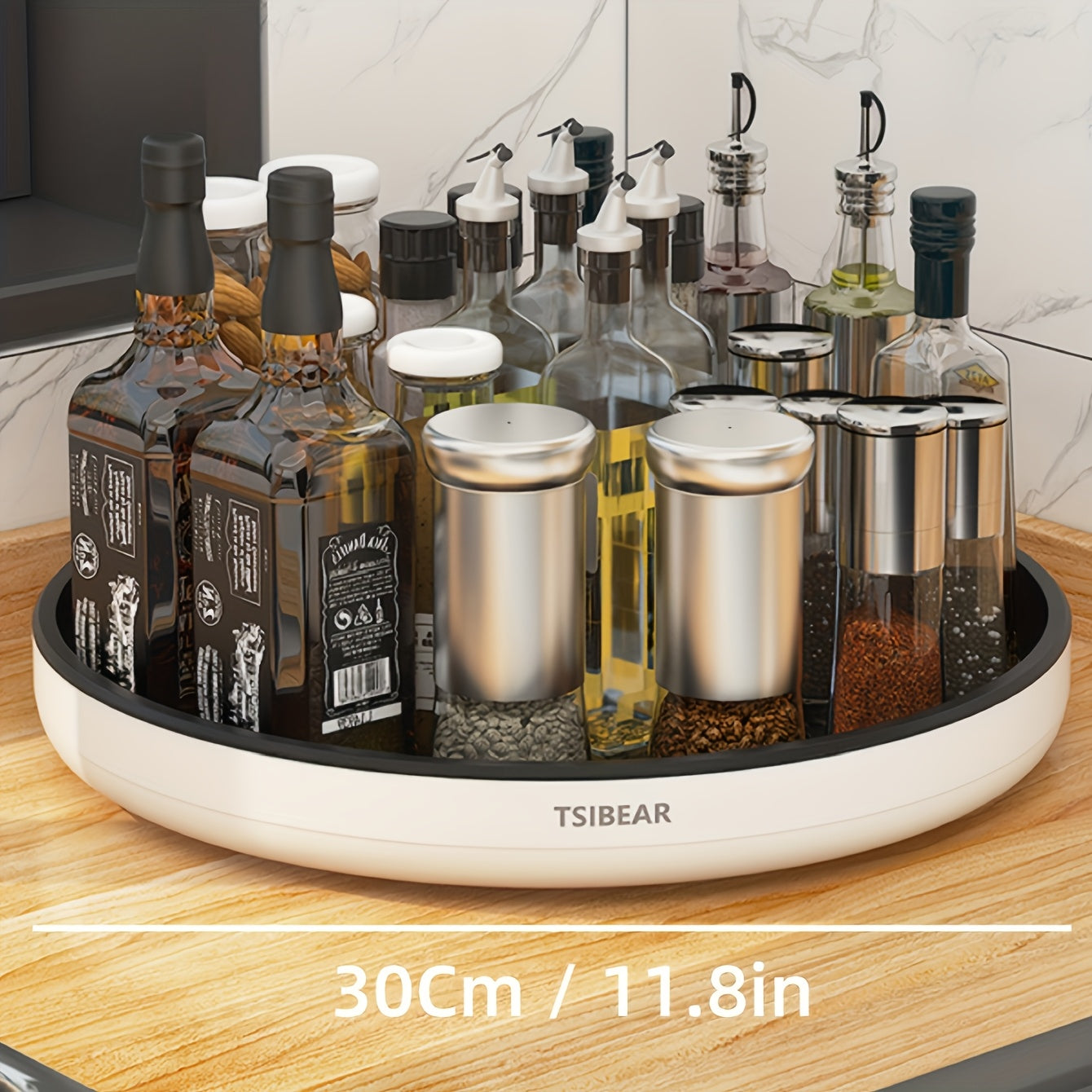 1pc 360° Rotating Kitchen Turntable Organizer - Space-Saving Countertop Spice Rack with Sliding Shelves & Multi-Compartment Storage, Durable Plastic White Turntable for Spices, Condiments, Cooking Oils, Sauces - Compact Mode