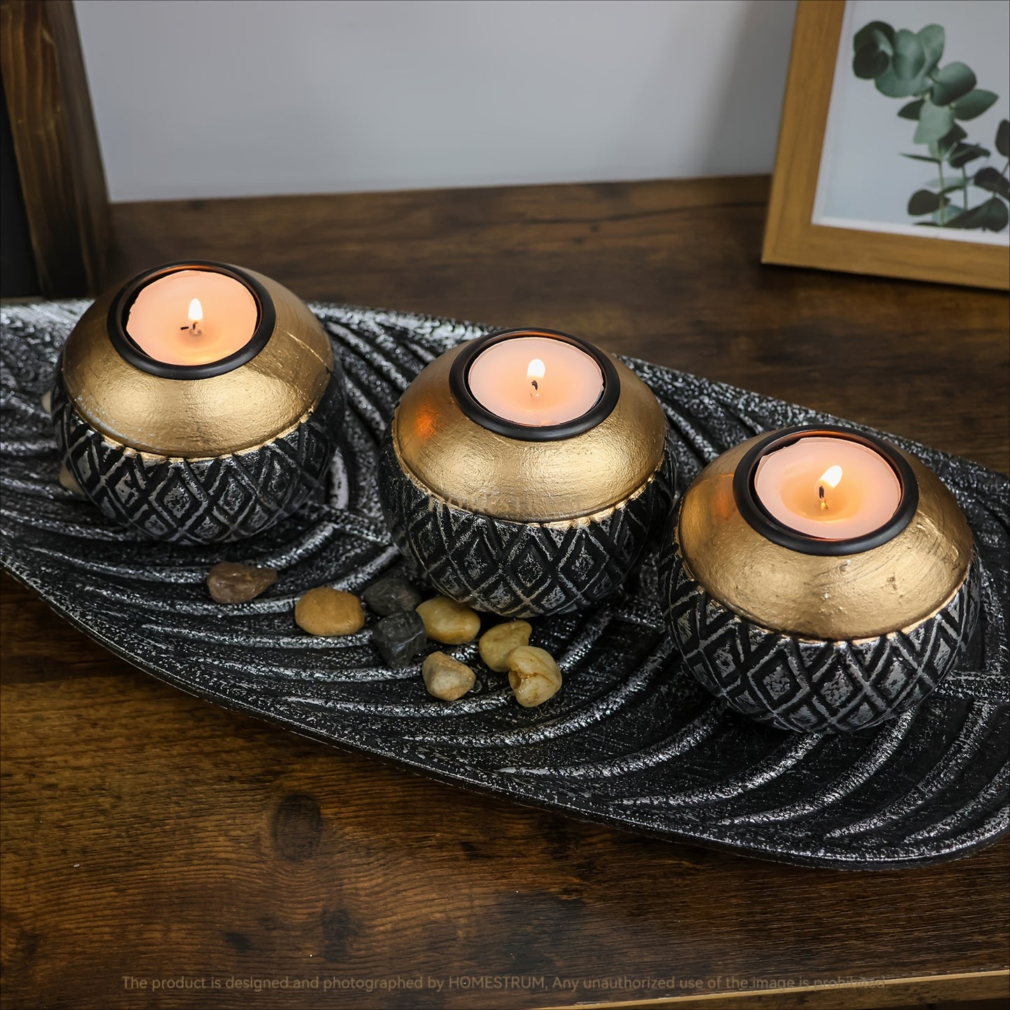 Leaf Harmony — Set de Portavelas de Madera con Bandeja y Esferas