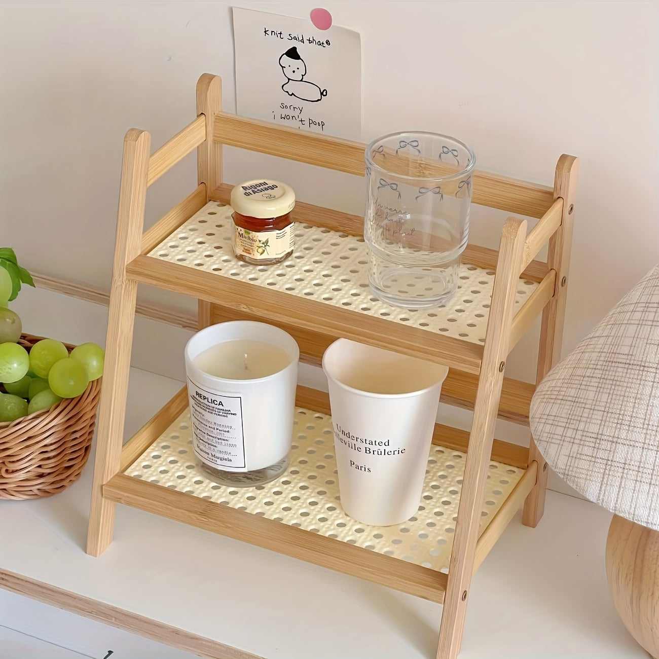 Double layer wooden cup storage rack, 26cm/10 inch artificial rattan mug organizer, suitable for kitchen and living room, compact desktop rack, can hold mugs, cups and small items, durable wooden material, space saving design