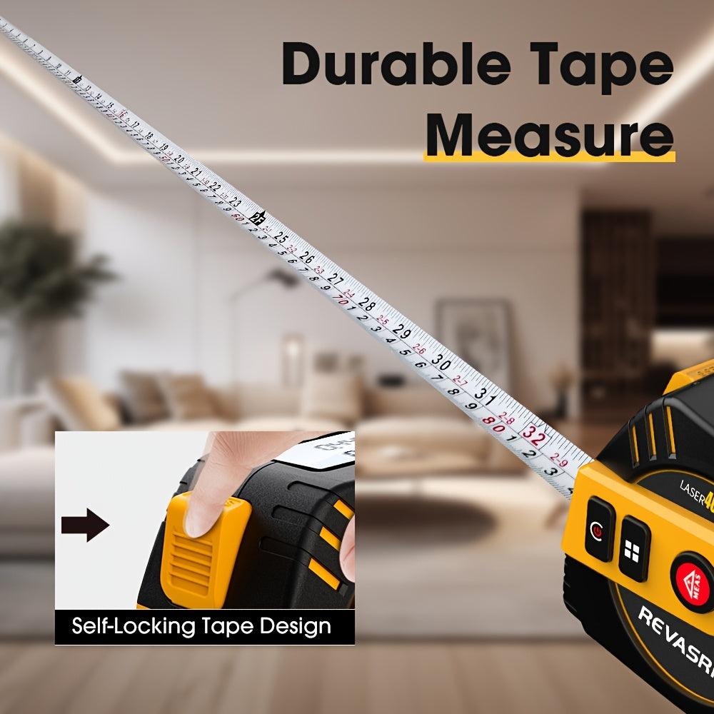 REVASRI 2-in-1 Laser Measuring Tool - 131ft/40m Laser Distance Meter & 16ft/5m Tape Measure, USB Rechargeable with LCD Display, Supports Pythagorean Theorem, Area & Volume Calculations, Feet/Inches/Meters Switchable, Ideal fo