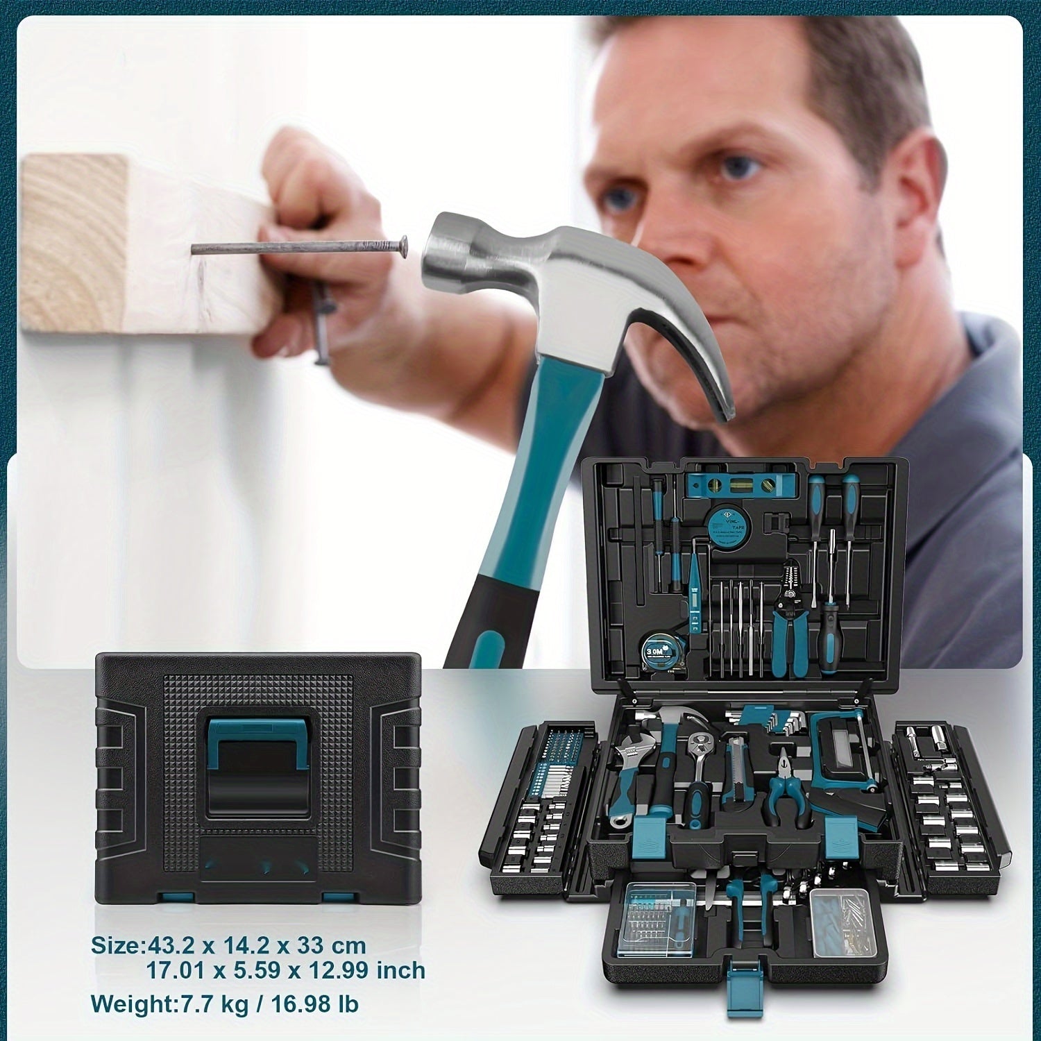 379pcs Complete Home Tool Kit - Portable Household & Auto Repair Tool Set with Drawer - General Purpose Hand Tools Storage Case - Comprehensive Basic Tool Box for Handyman, DIY & Homeowners - Alloy, Blue, No Assembly Required