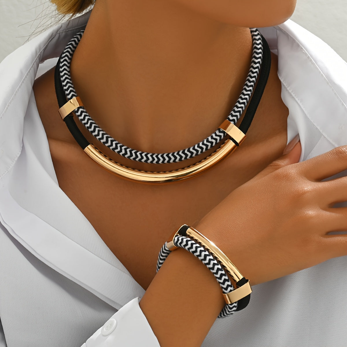 2pcs Vintage Style Jewelry Set, 14K Golden Plated Iron Necklace and Bracelet, Hip-Hop Inspired Double Line Design, Suitable for Daily and Party Occasions