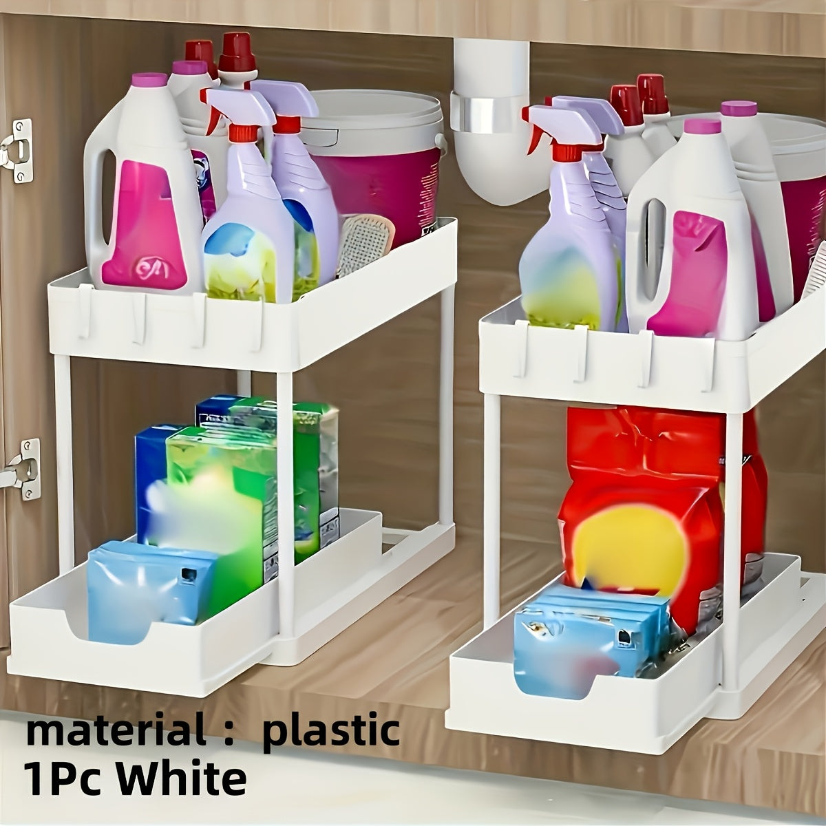 2-Tier Sliding Under Sink Organizer with Metal Frame - Black/White Plastic Storage Basket for Kitchen Spices, Cosmetics & Accessories, Multi-Purpose Bathroom Cabinet Drawer Shelf, Kitchen Organizer | Sleek Storage Solution |