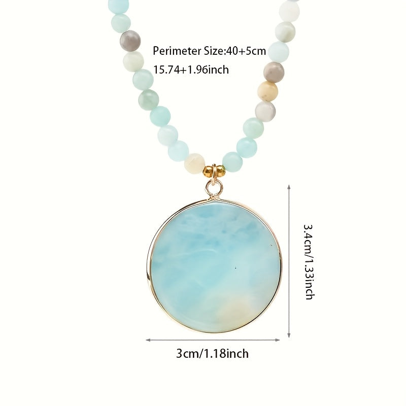 1pc Natural Stone Round Amazonite Pendant Necklace - Bohemian Style Multicolor Bead Chain Jewelry for Women, Casual Attire & Summer Vacation Gift, Year-Round Versatile Accessory