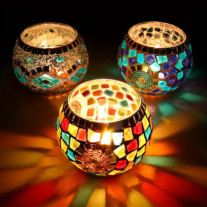 LuzMosaico VH — Set of 3 Turkish-Moroccan Handmade Candle Holders (Crystal with Lacquered Finish, Glam Style)