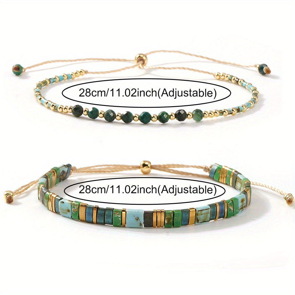 VerdeAura — Set de 2 Pulseras Bohemias con Cuentas de Vidrio y Piedras Semipreciosas