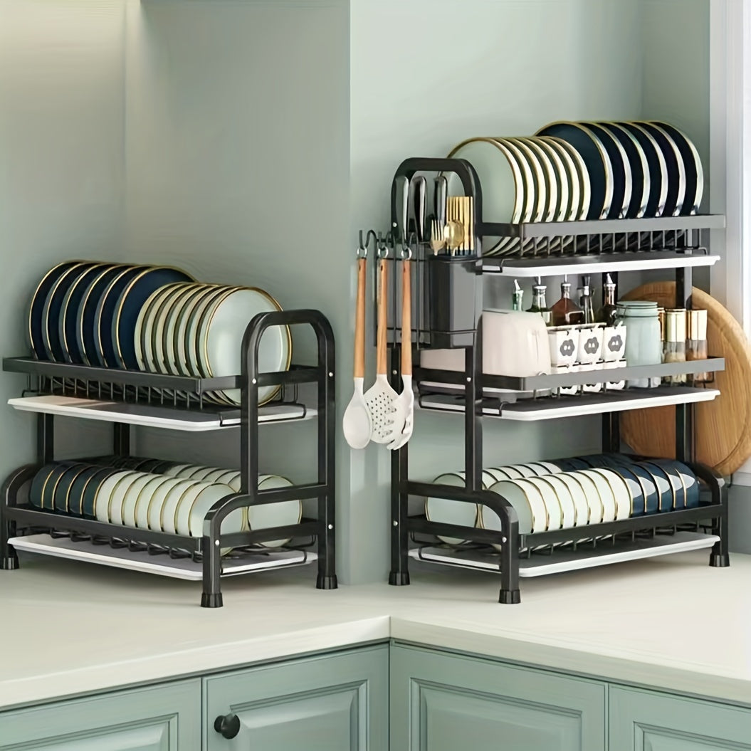 A Complete Set of High-Quality Carbon Steel Three-Layer Bowls, Plates, Chopsticks, Forks, Spoons, Cups, And a Cutting Board with a Draining And Storage Rack.