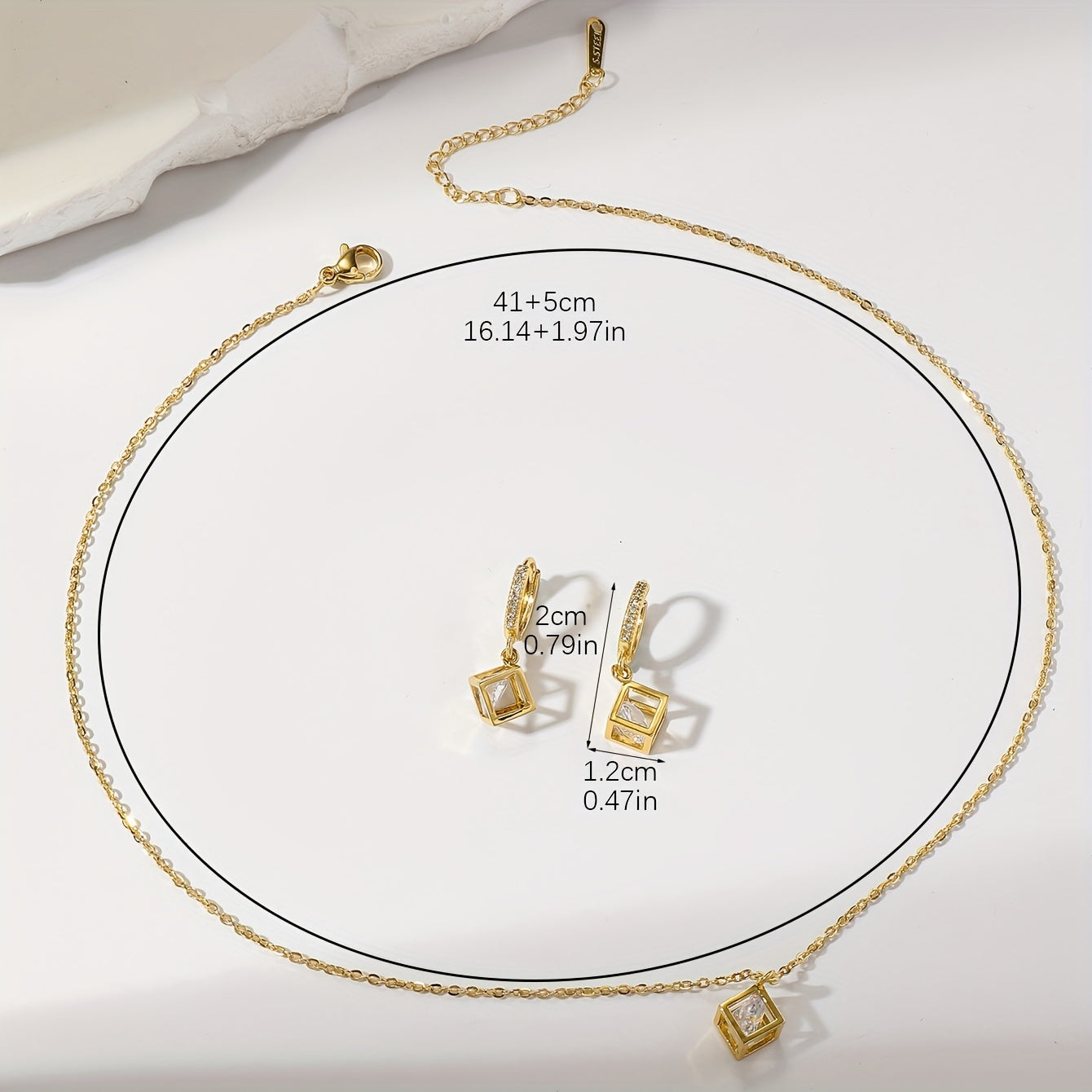 1 Fashionable Stainless Steel Cubic Synthetic Zirconia Cube Earrings Necklace Suitable as a Gift for Girlfriends, Perfect for Women's Daily Gatherings and Parties