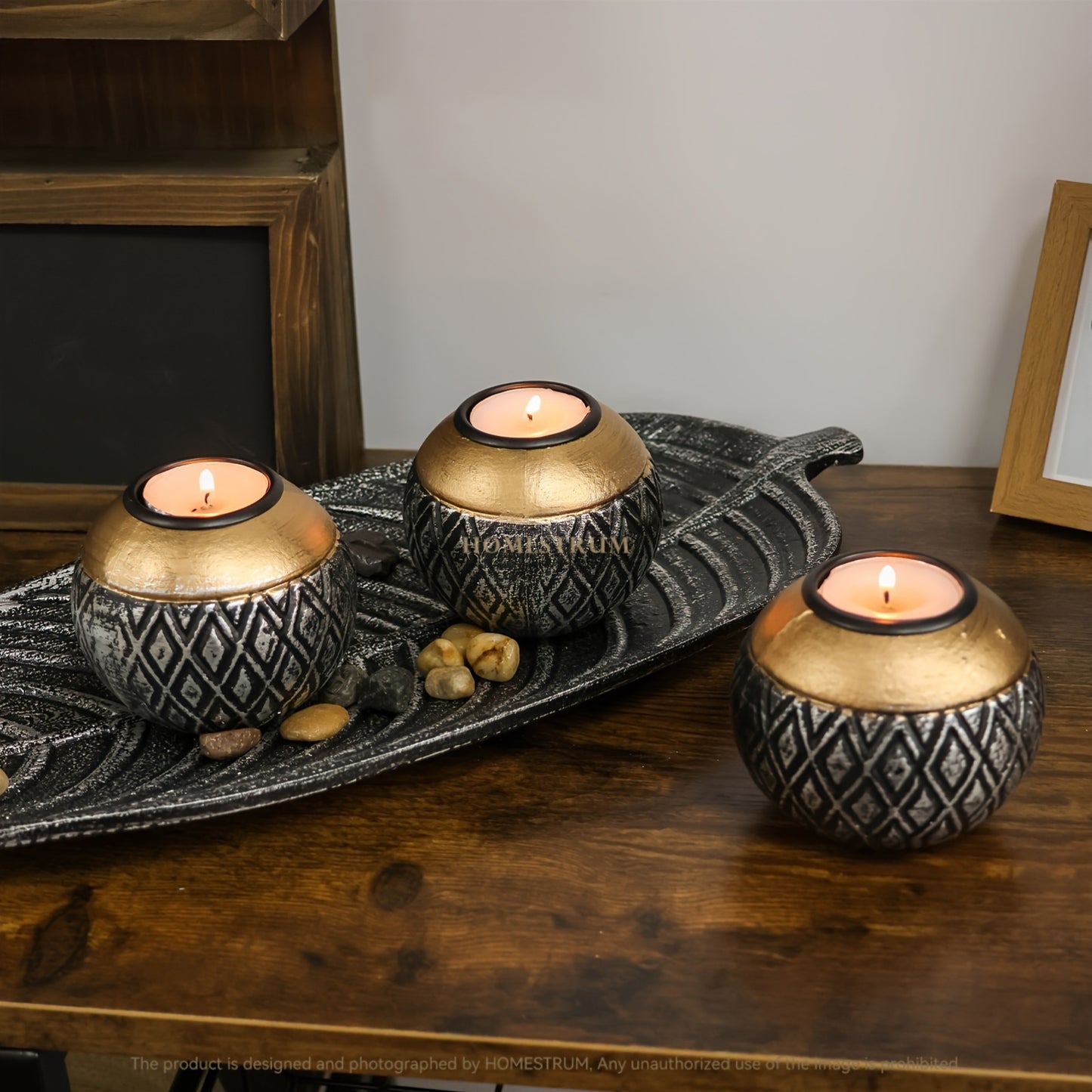 Leaf Harmony — Set de Portavelas de Madera con Bandeja y Esferas