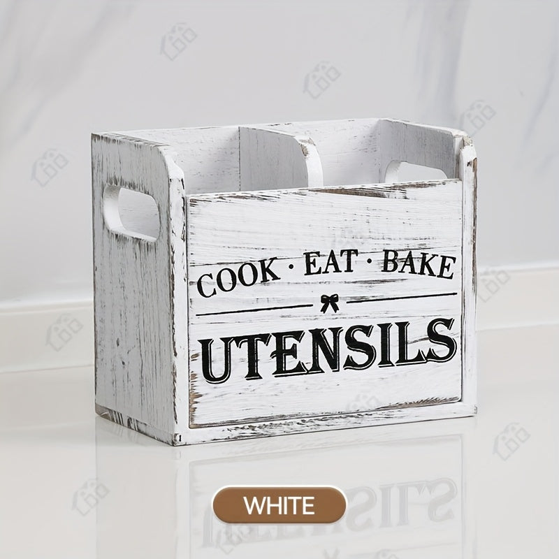 RustiBox LDQ — Organizador de Utensilios de Cocina de Madera con 3 Compartimentos (Montaje en Pared o Encimera, Acabado Barnizado)