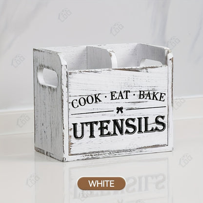 RustiBox LDQ — Organizador de Utensilios de Cocina de Madera con 3 Compartimentos (Montaje en Pared o Encimera, Acabado Barnizado)