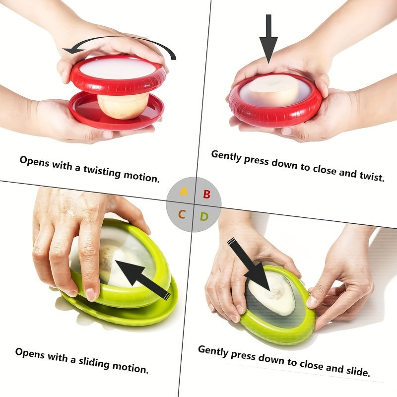A Set of 4 Silicone Fruit And Vegetable Storage Containers, Reusable Fridge Storage Boxes, Ideal for Preserving Avocados, Tomatoes, And Perfect for Garlic, Onions, Lemons, And Potatoes.