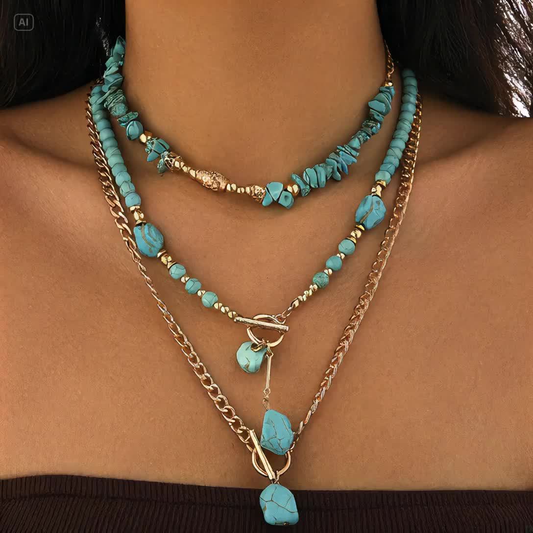 TurquoiseWaves — Set de Collar Bohemio en Capas con Cuentas de Turquesa Sintética