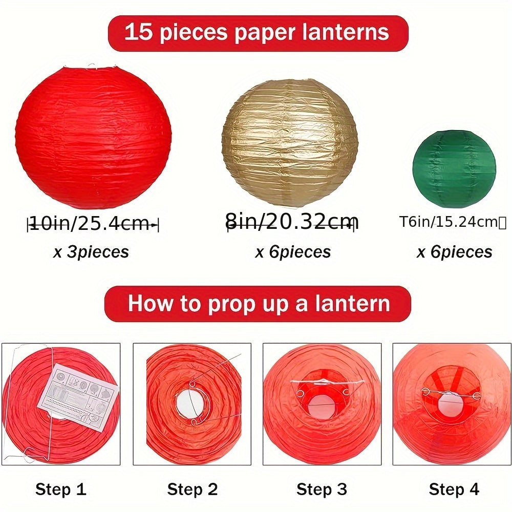 15pcs, Christmas party decoration paper lanterns, 3 25cm, 6 20cm, 6 15cm paper lanterns, 15 sets, suitable for Christmas/New Year room decoration, to increase the festive atmosphere, red, dark green, gold,