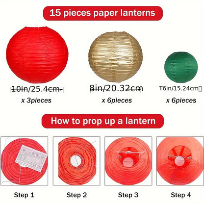 Festiluz JW — Set de 15 Faroles de Papel Navideños (Rojo, Verde Oscuro y Dorado)