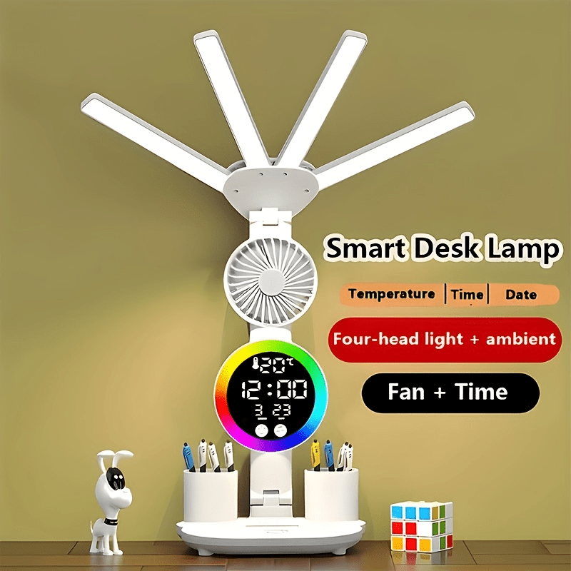 Limited Time Flash Deal 2025 New USB Smart Touch Control LED Desk Lamp - Dual Head, Adjustable Brightness and Color Changing Reading Light with Built-in Fan & Nightlight Eye Protection Design for Home Office Study in the Bedr