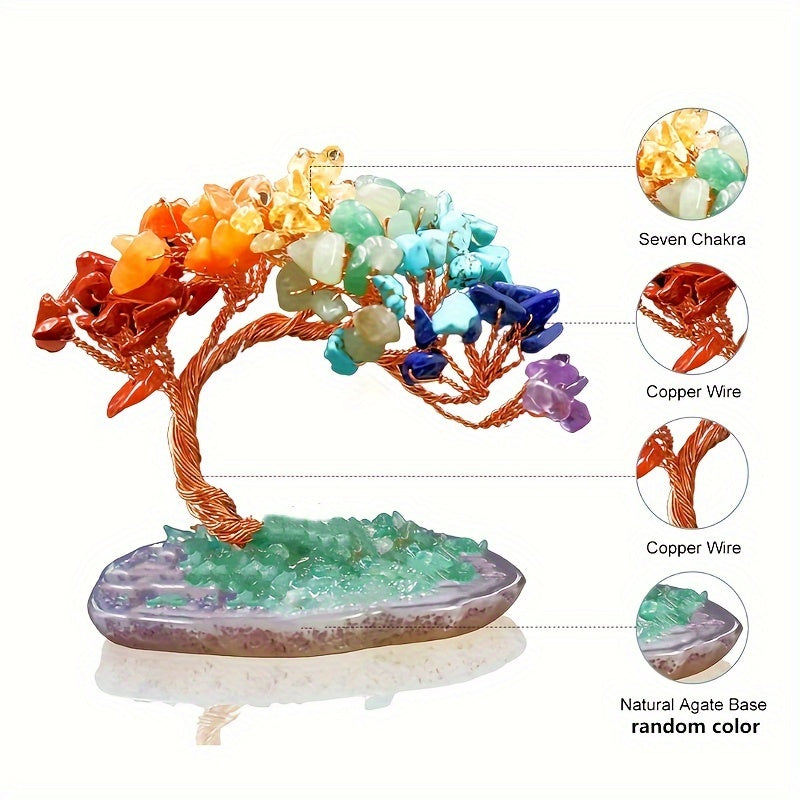 Natural Crystal Feng Shui Seven Chakras Colorful Stone Agate Base Wealth Tree Welcoming Pine, Spiritual Item