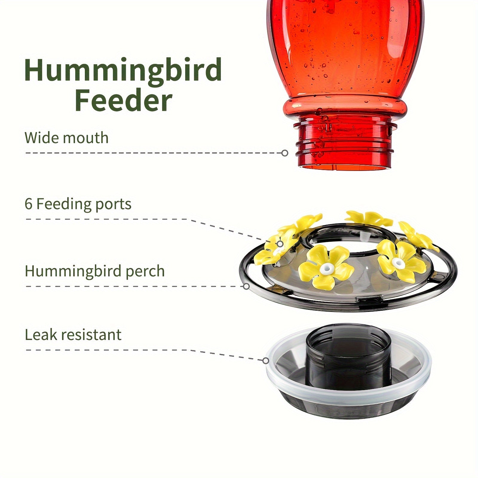 Ant-Moat Hummingbird Feeder: 18 oz Capacity, 6 Feeding Ports, Leak Resistant, 24.89 cm H x 14.22 cm Diameter, Suitable for Hummingbirds, No Battery Required