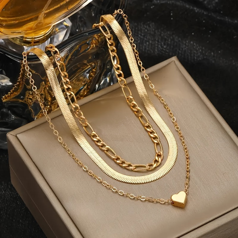 Elegant Layered Heart Charm Snake & Cuban Chain Necklaces, Retro Classic Style Fashion Women's Clavicle Chain Jewelry Set