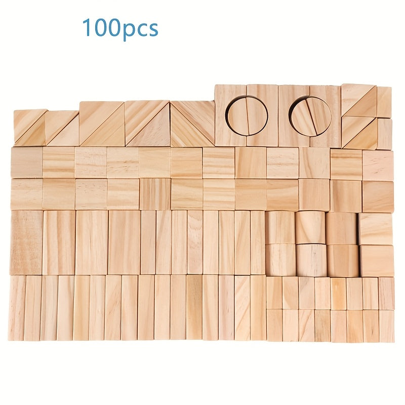 CastilloGeo FC — Set de 100 Bloques Geométricos de Madera Natural para Construcción de Torres y Castillos