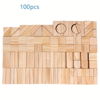 CastilloGeo FC — Set de 100 Bloques Geométricos de Madera Natural para Construcción de Torres y Castillos