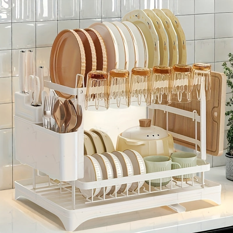 Heavy-Duty Carbon Steel Kitchen Dish Rack - Space-Saving Two-Tier Organizer with Drainage System, Compact Countertop Organizer for Plates, Bowls, Cups, Knives, Spoons - Ideal for Small Kitchens, Apartments, Restaurants - Easy