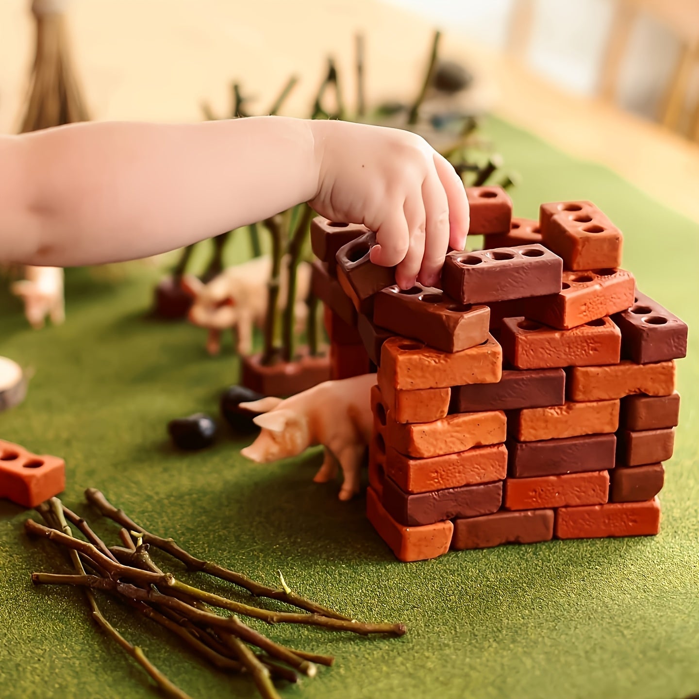 40/60/200pcs, Mini Brick Clay Wall Tiles, Model Building Blocks Set, Suitable for Model Construction Garden, Red Three-Hole Bricks
