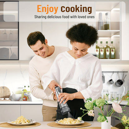 GrindLux WA — Set de 2 Molinillos Eléctricos de Sal y Pimienta con Pantalla LED (Acero Inoxidable 301, USB Recargable, Base Combinada)