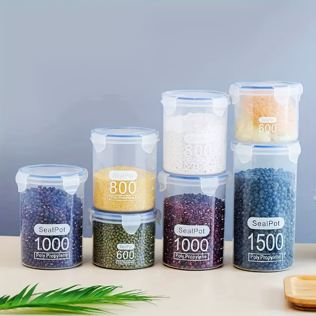 6pcs Sealed Food Storage Container Set, Grain Storage Box - Transparent Plastic, Stackable Sealed Jar, with Blue Lid, Suitable for Kitchen Finishing - Very Suitable for Grains, Nuts, Tea, Etc.