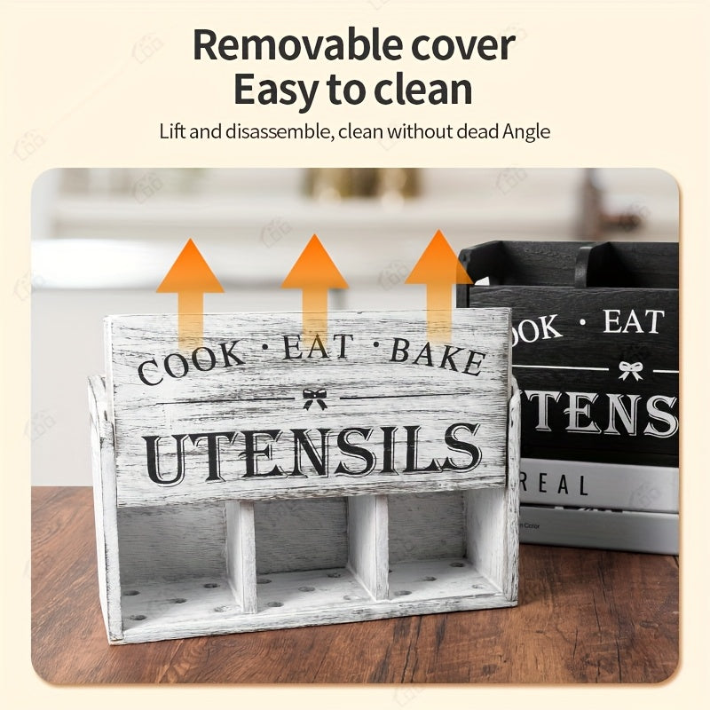 LDQ 1pc 3-Compartment Rustic Wooden Kitchen Utensil Holder, Countertop And Wall-Mounted Kitchen Storage Utensils, Kitchen Organization And Storage, Kitchen Accessories for Fork, Spoons, And More Cook Utensils | Multi-Purpose