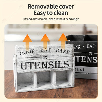 RustiBox LDQ — Organizador de Utensilios de Cocina de Madera con 3 Compartimentos (Montaje en Pared o Encimera, Acabado Barnizado)