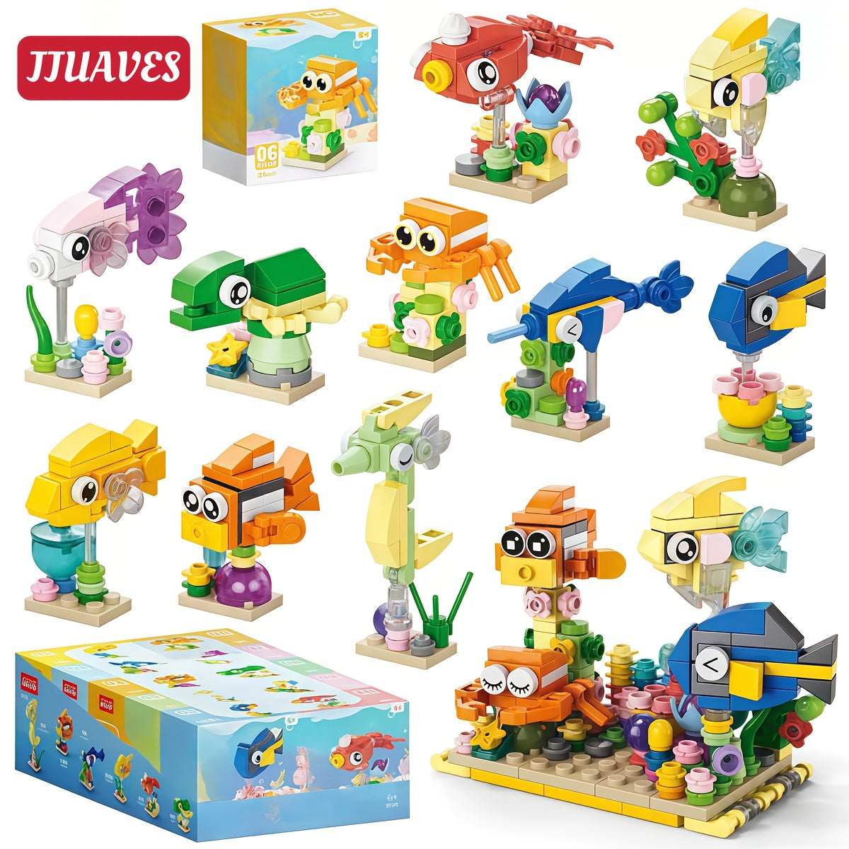 10-in-1 Mini Fish Series Building Block Set, Christmas Gift Assembly Toy, Sea Fish Model Kit, Holiday Birthday Present, Halloween Thanksgiving Tabletop Decoration, 344pcs – Build 10 Small Models or Combine into 1 Large Stru