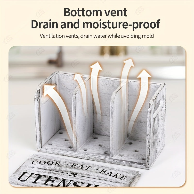 RustiBox LDQ — Organizador de Utensilios de Cocina de Madera con 3 Compartimentos (Montaje en Pared o Encimera, Acabado Barnizado)