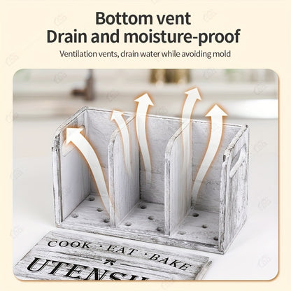 RustiBox LDQ — Organizador de Utensilios de Cocina de Madera con 3 Compartimentos (Montaje en Pared o Encimera, Acabado Barnizado)