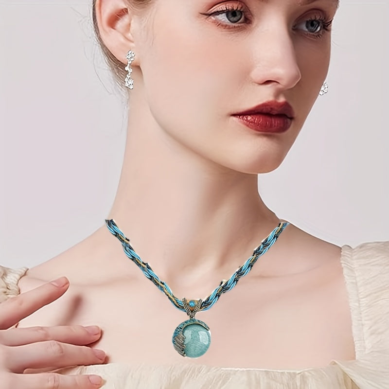 Women'S Vintage Bohemian Necklace - Twisted Rope Chain with Turquoise Rhinestone Pendant, Exaggerated Retro Jewelry for Everyday & Formal Events, Bohemian Party Necklace Gift for Women, Versatile Accessory, Ethnic Style, Arti